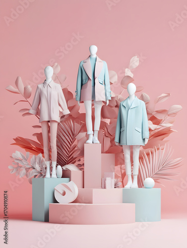 Three mannequins dressed in pastel-colored clothing stand on geometric pedestals against a pink background with decorative leaves.