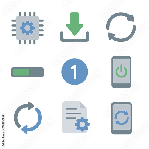 Device Update Icons. Flat icon set of device updates: firmware icon, download arrow, update symbol, progress