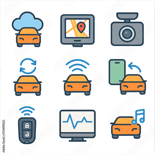 Smart Car Icon Set. Flat icon set of smart car integration: cloud car, GPS device, dash cam, auto sync, in-car