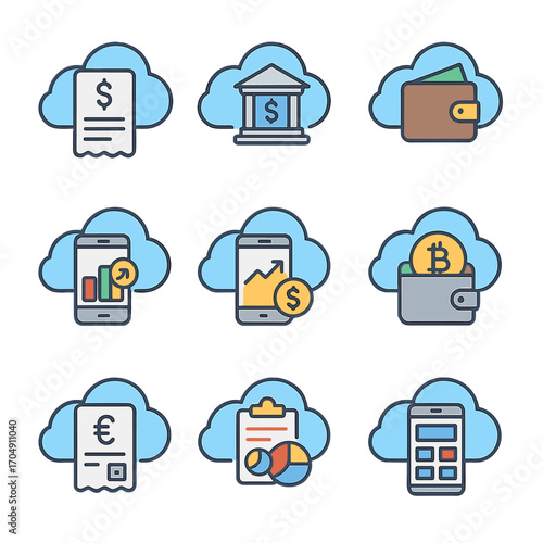 Cloud Finance Icon Set. Flat icon set of cloud finance tools: cloud invoice, online banking, cloud wallet,