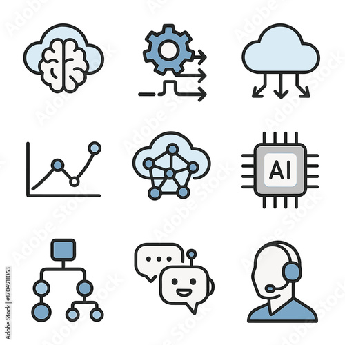 AI Cloud Services Icons. Flat icon set of AI cloud services: cloud brain, smart automation, data flow,