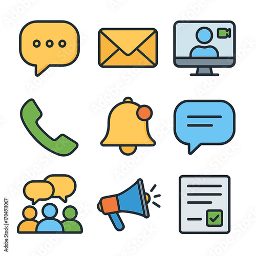 Communication Icons Grid. Flat icon set of communication: chat bubble, email envelope, video call, phone