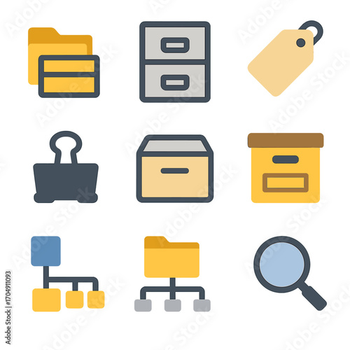 Organizational Icons Grid. Flat icon set of organization: folder stack, file cabinet, label tag, binder clip,