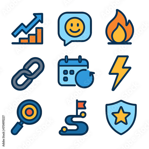 Productivity Mindsets Icons. Flat icon set of productivity mindsets: growth arrow, positive bubble, motivation
