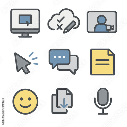 Remote Collaboration Icons. Flat icon set of remote collaboration: shared screen, cloud whiteboard, video tile