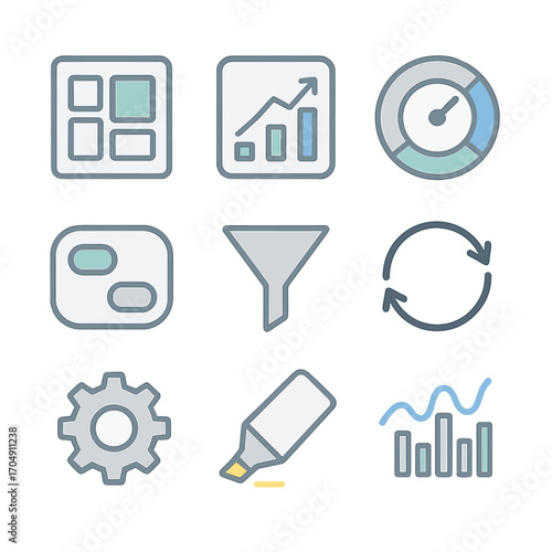 Productivity Dashboard Icons. Flat icon set of productivity dashboards: widget grid, chart tile, KPI ring,