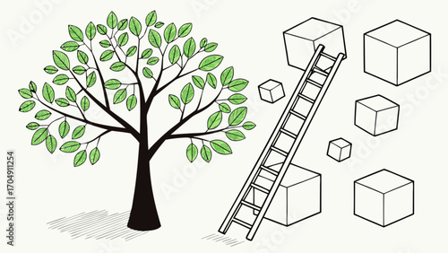 Illustration of tree with green leaves ladder and floating cubes concept art design drawing idea