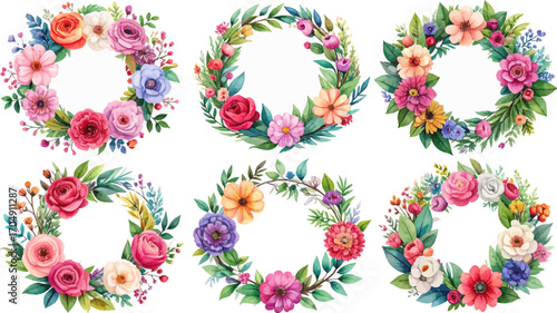 Colorful floral wreath artwork. Bright watercolor flower ring. Garden blossom circle frame. Festive botanical wreath design. Romantic handpainted floral art. Vibrant flower decoration frame