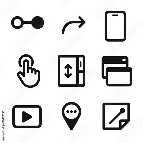 Prototyping Tools Icons. Flat icon set of prototyping tools: hotspot link, interaction arrow, device preview,