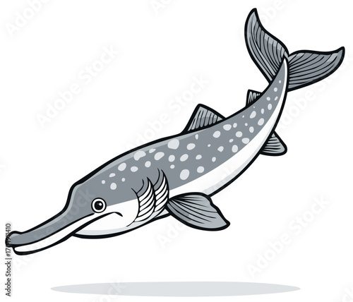 Cartoon freshwater longnose gar fish swimming with spotted grey body