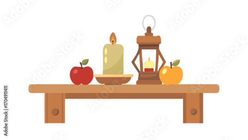 Still life drawing of apples, candle, and lantern on wooden table, vector illustration art design