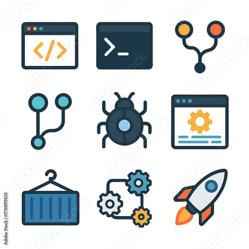 Developer Tools Icons. Flat icon set of developer tools: code editor, terminal window, git merge, pull request
