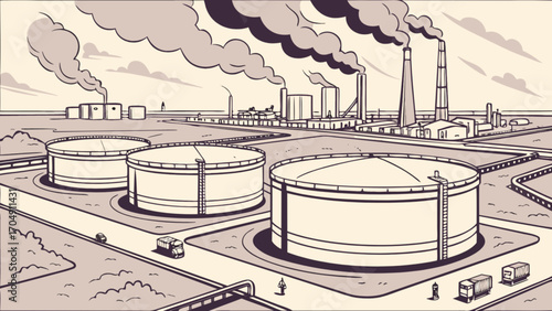 Industrial oil refinery plant with storage tanks and smoke stacks vector illustration design art