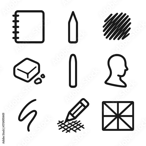 Sketching Tool Icons. Flat icon set of sketching tools: sketchbook, pencil lead, shading hatch, eraser crumb,