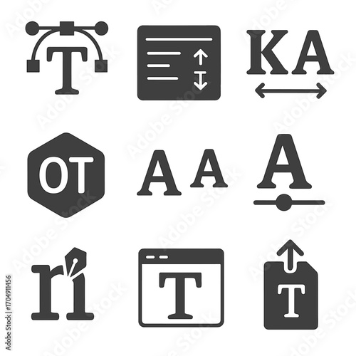 Typography Tool Icons. Flat icon set of typography tools: font creator, metrics panel, kerning icon, open type