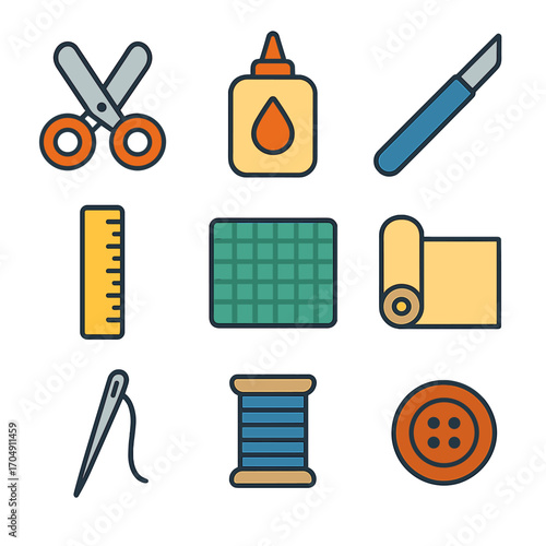 Craft Tools Icons. Flat icon set of craft tools: scissors, glue bottle, craft knife, ruler, cutting mat, paper