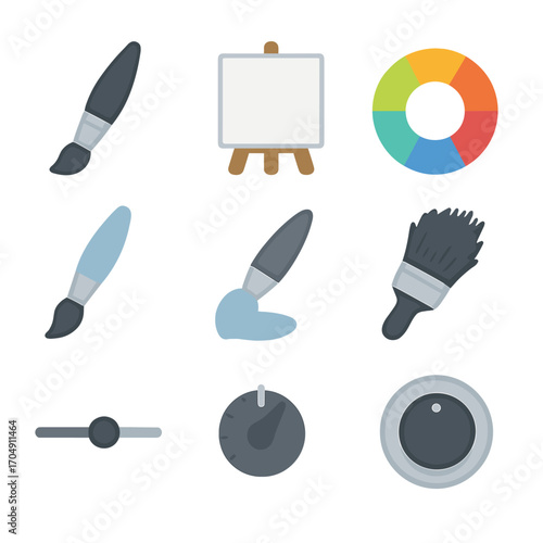Digital Painting Tools Icons. Flat icon set of digital painting tools: brush tip, canvas, color wheel, layer