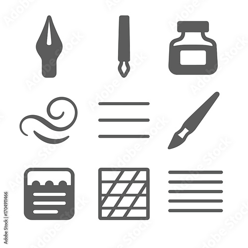 Calligraphy Tools Icons. Flat icon set of calligraphy tools: dip pen, nib holder, ink bottle, flourished