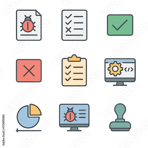 QA Testing Tools Icons. Flat icon set of QA testing tools: bug report, test case, checkmark box, cross mark,