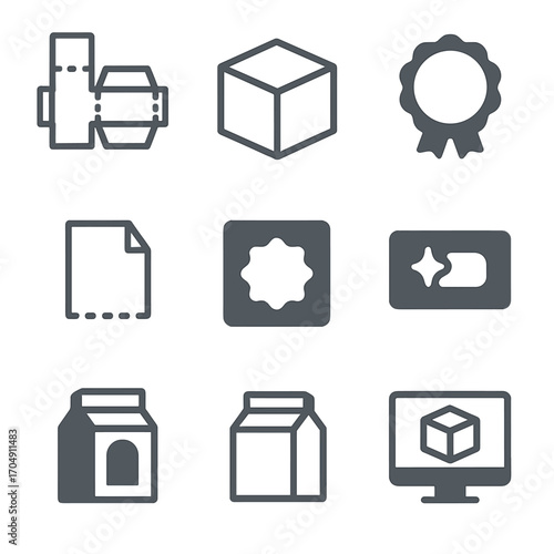 Packaging Design Icons. Flat icon set of packaging design tools: dieline, mockup box, seal sticker, label
