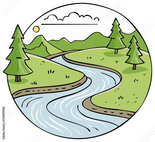 Serene landscape with river, mountains, and evergreen trees within circular frame illustration