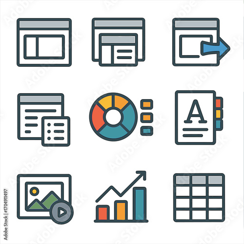 Presentation Tools Icons. Flat icon set of presentation design tools: slide layout, master slide, slide