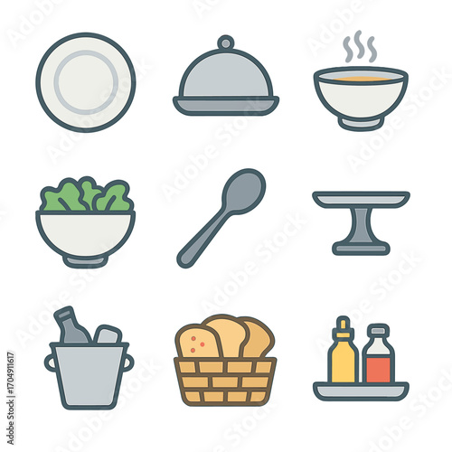 Modern Dining Icons. Flat icon set of plating & serving: dinner plate, serving platter, soup bowl, salad bowl,