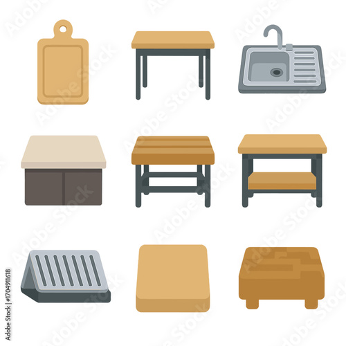 Kitchen Prep Icons. Flat icon set of food prep surfaces: cutting board, prep table, sink, draining board,