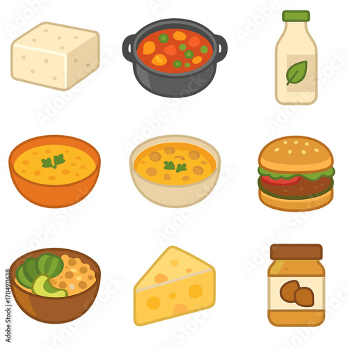 Vegan Food Icon Set. Flat icon set of vegan cooking: tofu block, vegetable stew, plant milk, lentil soup,