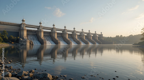 River dam and reflections on water background