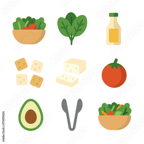 Salad Icon Set. Flat icon set of salad & bowls: salad bowl, leafy greens, dressing bottle, croutons, feta