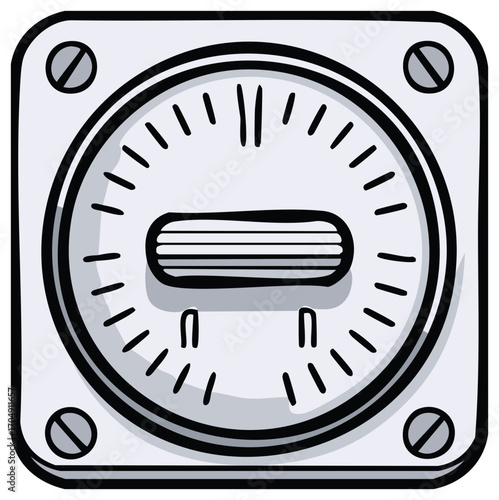 Cartoon illustration of a round indicator with screws.