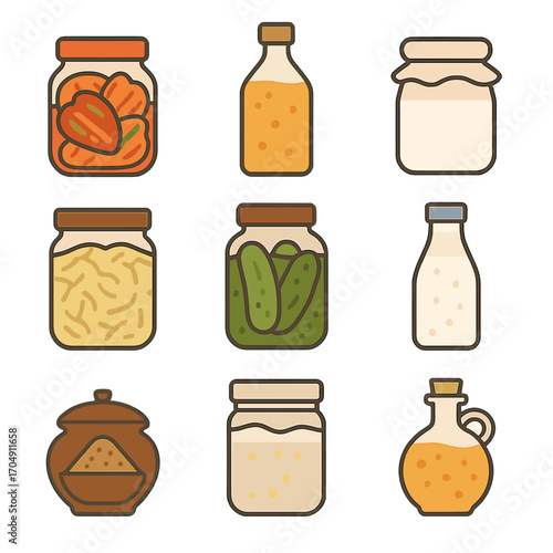Fermentation Icon Set. Flat icon set of fermentation: kimchi jar, kombucha bottle, yogurt jar, sauerkraut jar,