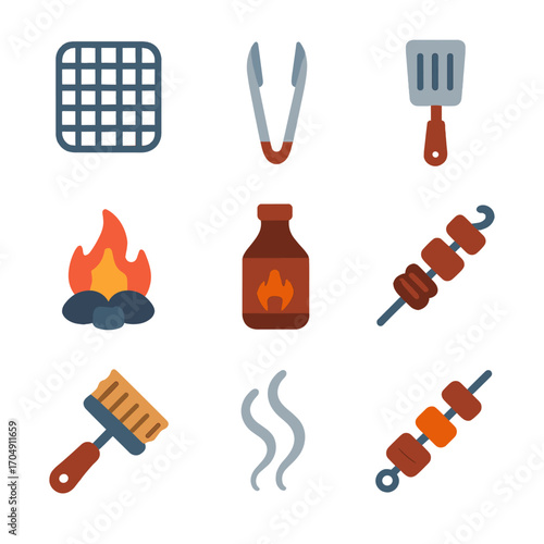 Grill & BBQ Icons. Flat icon set of grilling & BBQ: grill grate, tongs, spatula, charcoal flame, barbecue