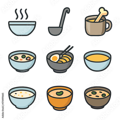Soup Icons Collection. Flat icon set of soup & broth: bowl with steam, ladle, bone broth, vegetable soup,