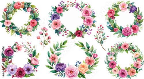 Botanical wreath watercolor art. Pink purple flower circle frame. Hand drawn floral wreath design. Romantic blossom ring watercolor. Pastel floral decoration artwork. Blooming botanical circle style