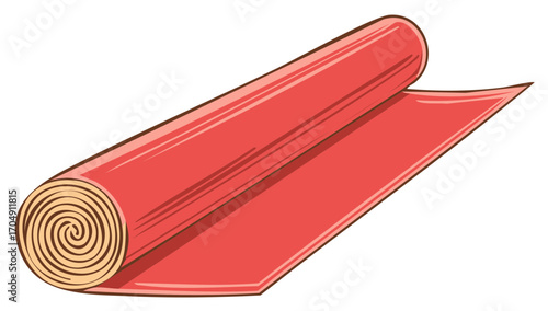 Red rolled textile or fabric material partially unrolled illustration
