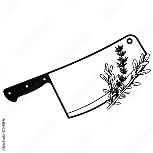 Flat Vector of Meat Cleaver and Herbs
