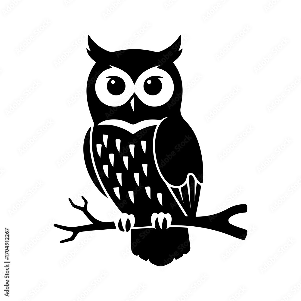 Fototapeta premium Black owl perched on a branch with transparent background