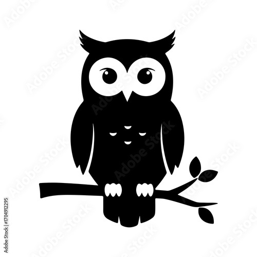 Black owl perched on branch with transparent background