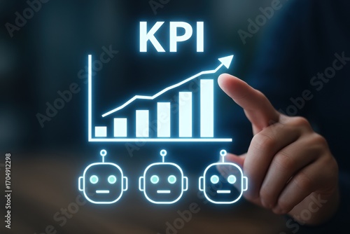 AI automatic task system. Hand pointing at KPI graphic with robots and upward trend on a digital display.