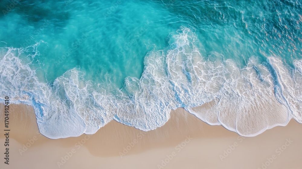 Obraz premium aerial shot of gentle rolling waves meeting pale sand, seafoam patterns winding across crystalline blue water