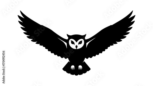 Black owl with wings spread with transparent background
