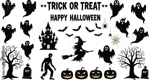 Halloween ghosts bats witch pumpkin zombie haunted house tombstone trees spider web trick or treat text vector illustration set.