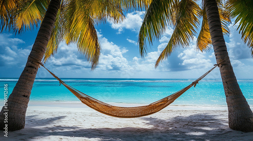 Tropical Beach Hammock Between Palm Trees