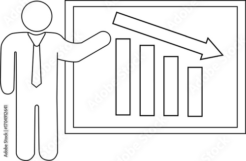 down chart icon and presentation person icon with white background