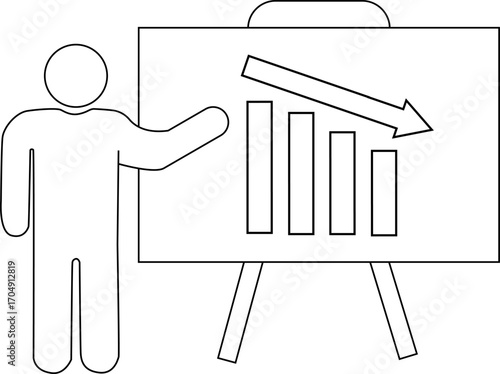 icon of a person presenting on a board and a graph icon going down with a white background