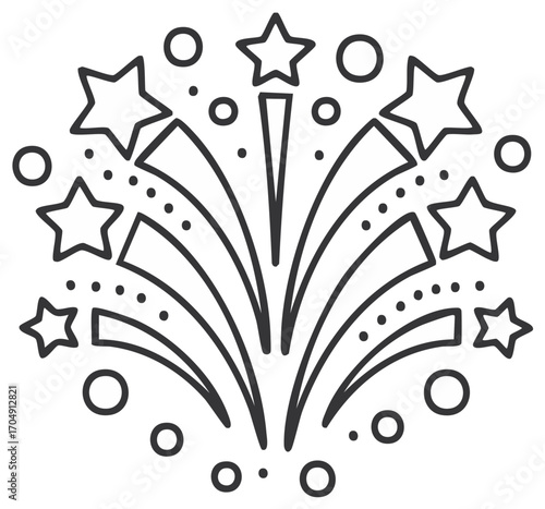 Stylized star and circle bursting celebratory fireworks graphic outline