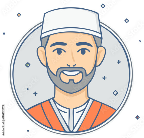 Smiling Muslim Man Wearing a White Kufi and Traditional Clothing