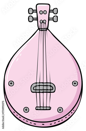 Stylized Cartoon Illustration of a Pink Bandura Stringed Instrument With Screws and Tuning Pegs Musical Theme